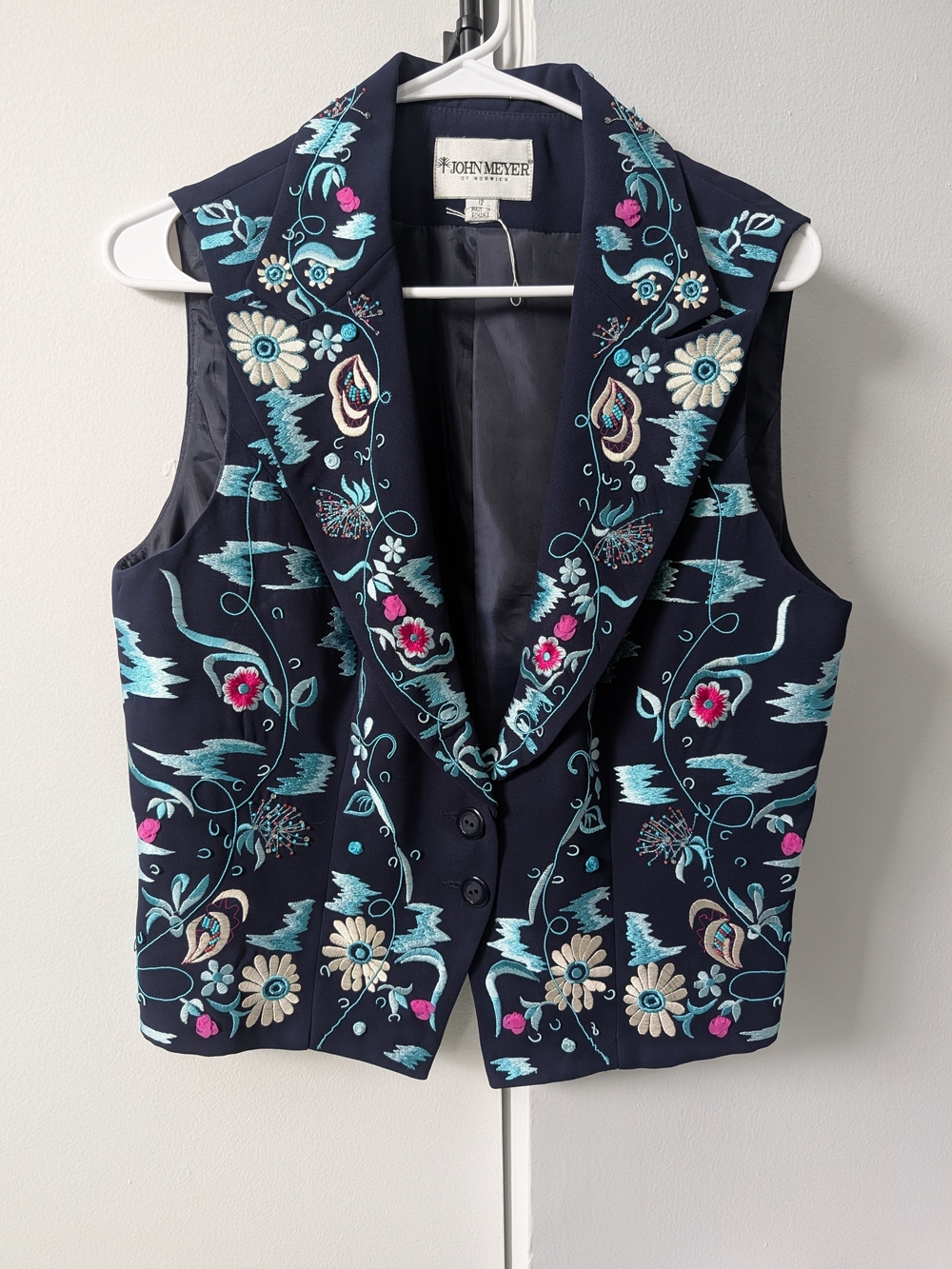 John Meyer Norwich NWOT Embroidered Floral Vest Navy Size 12 Statement Piece